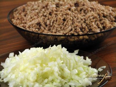 Boil and grind meat, finely chop onion