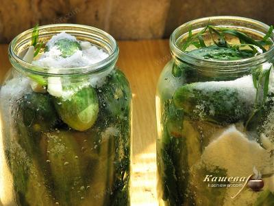 Adding salt, sugar, garlic and vinegar to pickled cucumbers